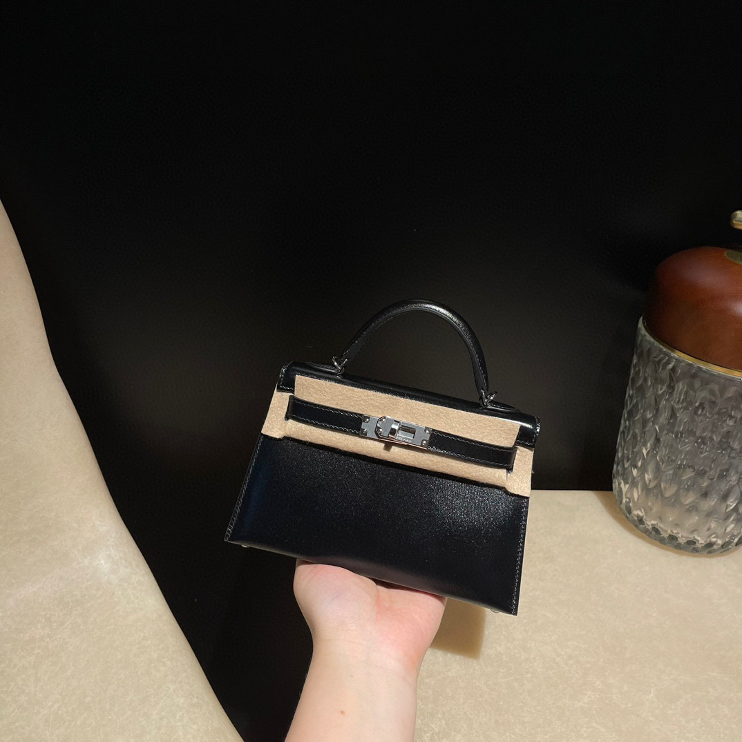 HERMES MINI KELLY 二代 BOX皮 89黑色 銀釦