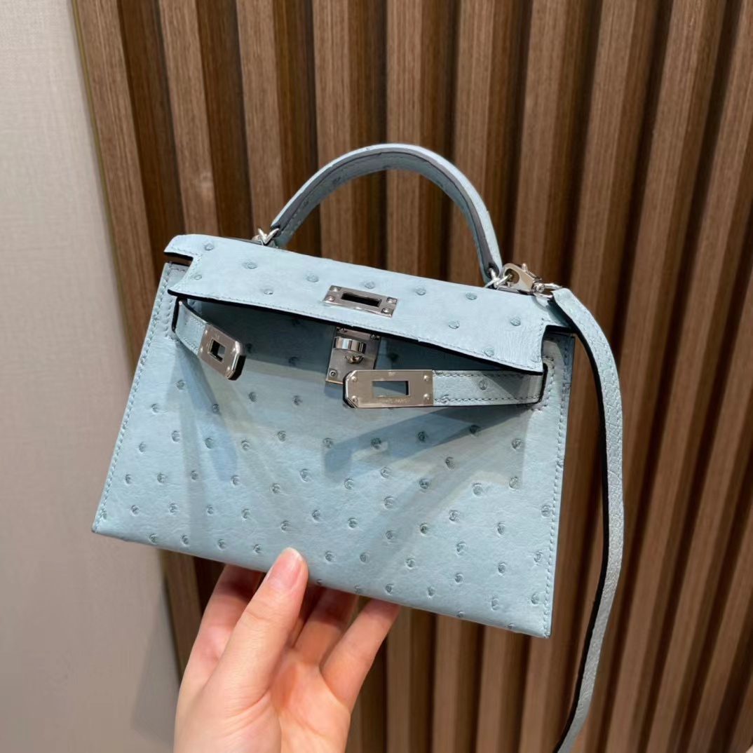 HERMES MINI KELLY 鴕鳥皮 冰川藍 金釦/銀釦 [HE0097-750]