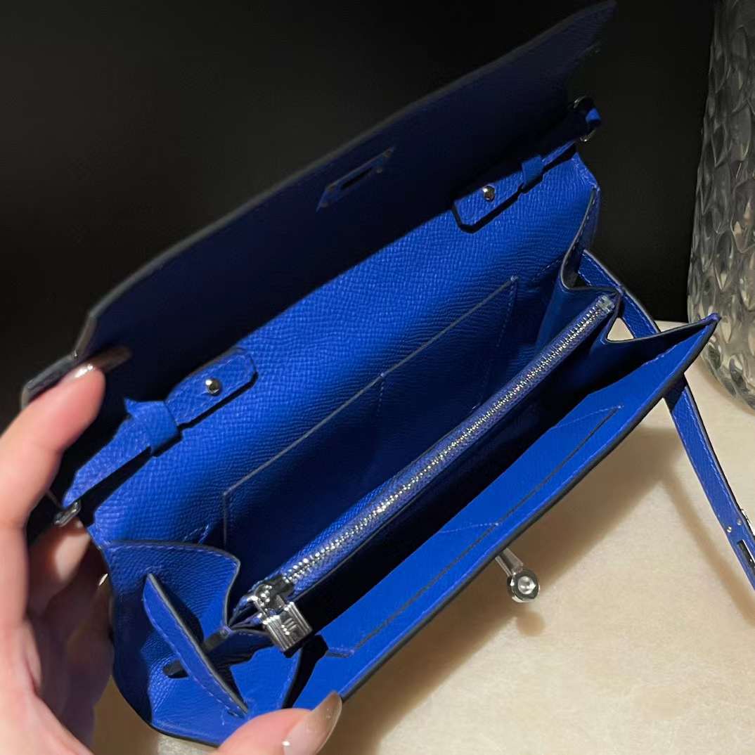 HERMES KELLY TO GO EPSOM皮 I7 琉璃藍 銀扣