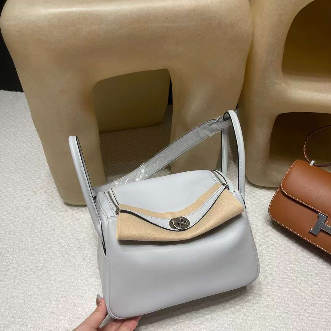 HERMES LINDY SWIFT皮 08聖杯藍 銀扣轉釦手提/肩背兩用包 26CM