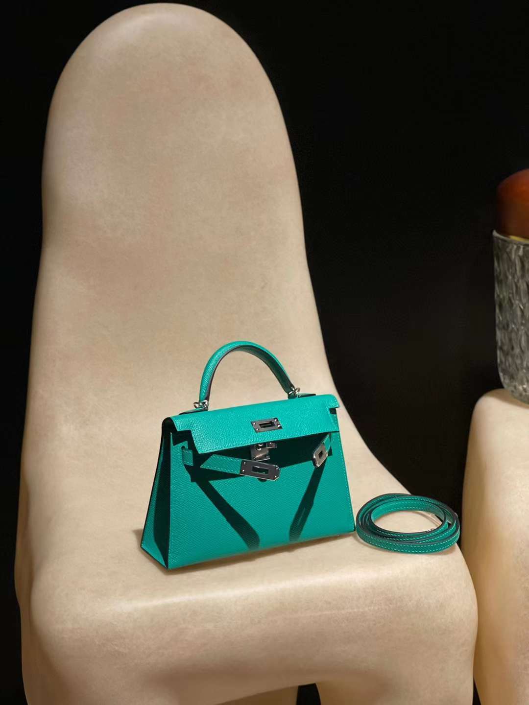 HERMES MINI KELLY 二代EPSOM皮 O6 帝王綠 銀釦