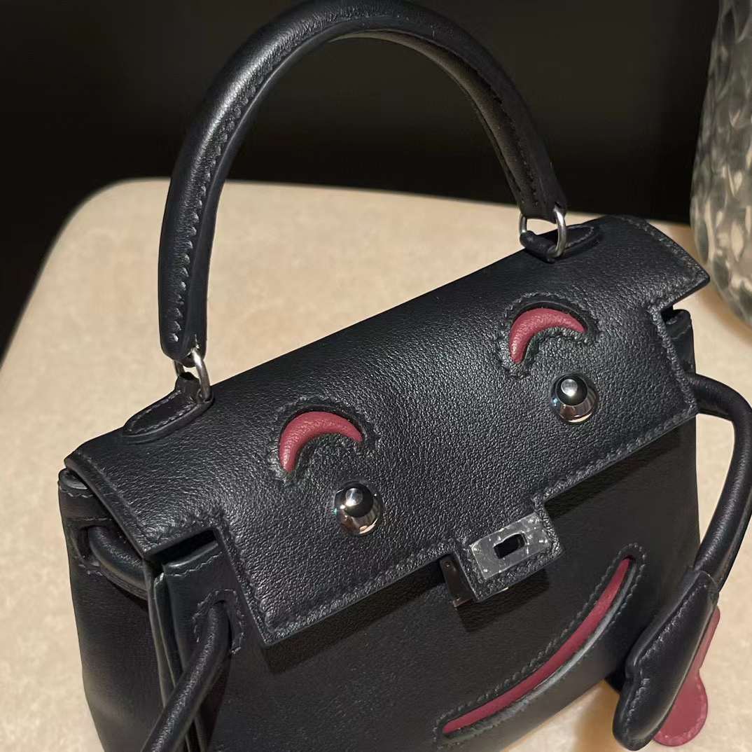 HERMES KELLY DOLL SWIFT皮 89 黑色拼酒红 銀扣