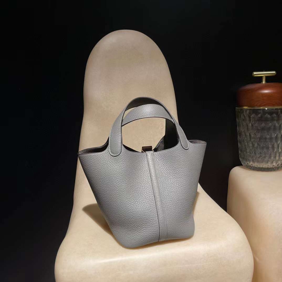 HERMES PICOTIN CLEMENCE皮 0L 積雨雲灰 金釦 菜籃子 18CM