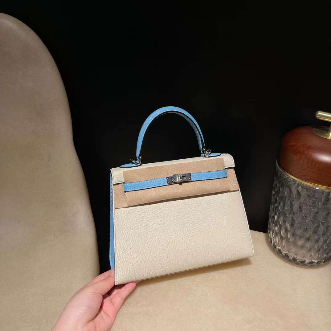 HERMES KELLY 25CM EPSOM皮 10奶昔白拼7N 糖果藍 銀扣
