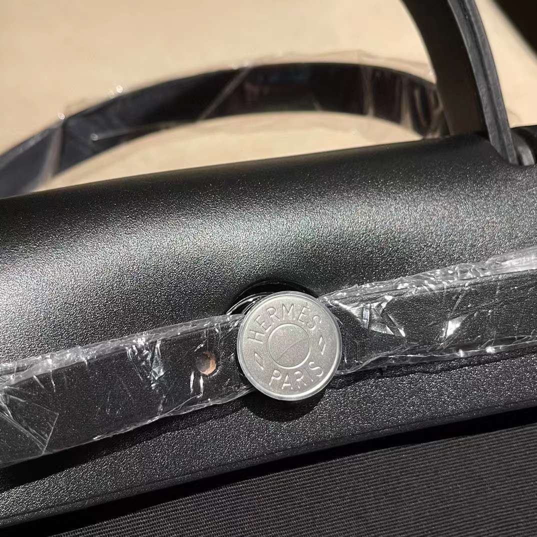 HERMES 31HERBAG 外縫線 兩用手提肩背包 89黑色帆布拼牛皮 銀扣