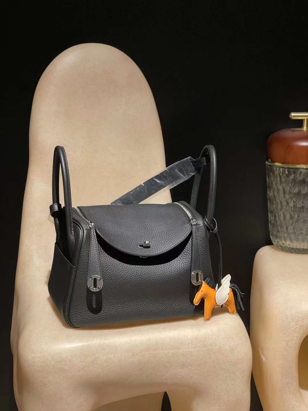 HERMES LINDY CLEMENCE皮 89黑色 銀扣轉釦手提/肩背兩用包 26cm