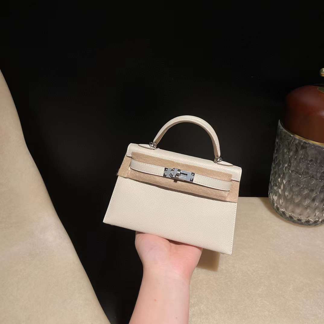 HERMES MINI KELLY 二代EPSOM皮 10奶昔白 銀釦