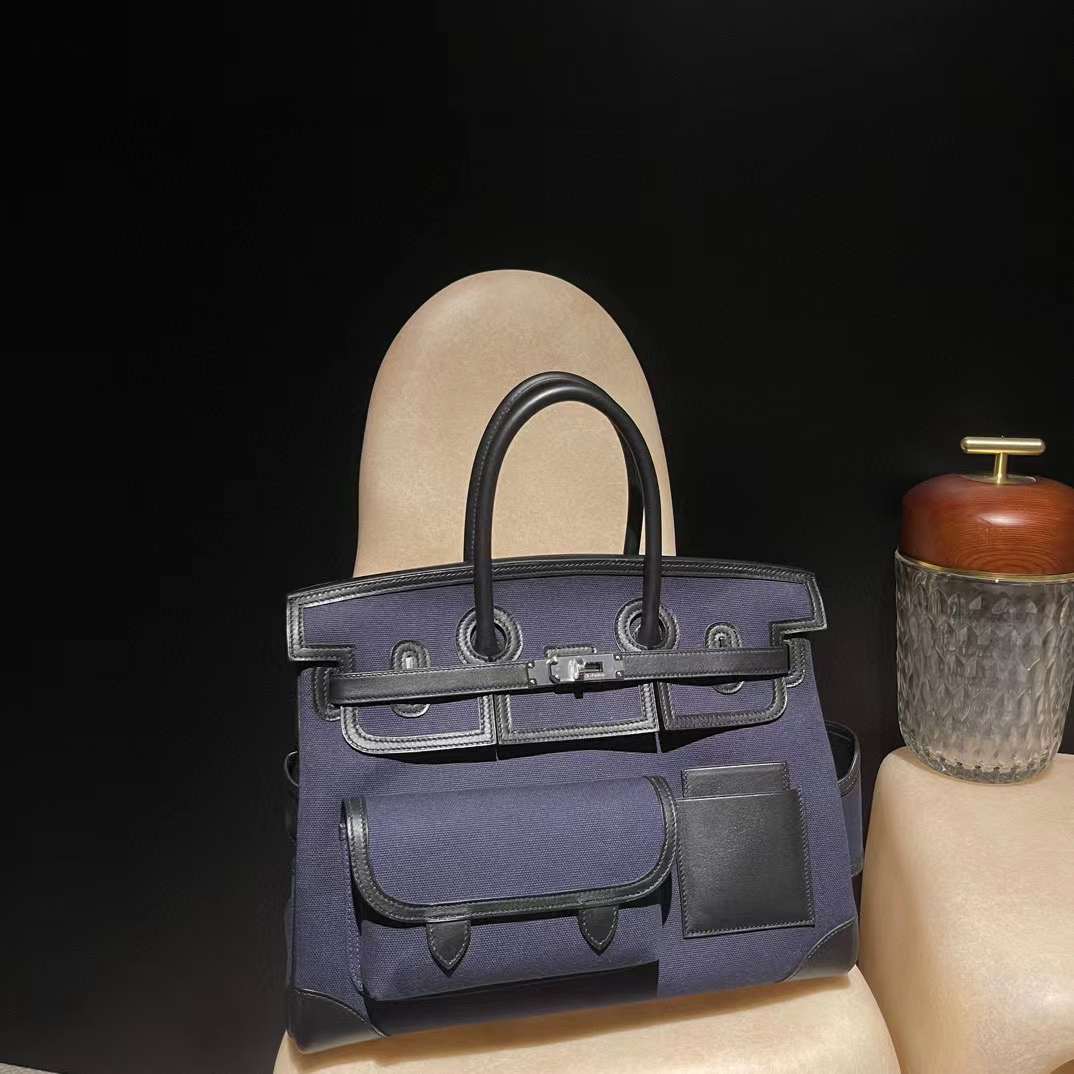 HERMES CARGO BIRKIN 35CM 帆布款 2Z 午夜藍 銀釦 鉑金包