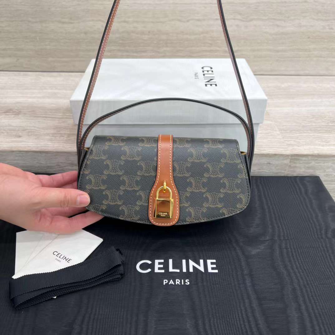 CELINE TRIOMPHE CHNVAS 標誌印花鎖頭牛皮肩背包