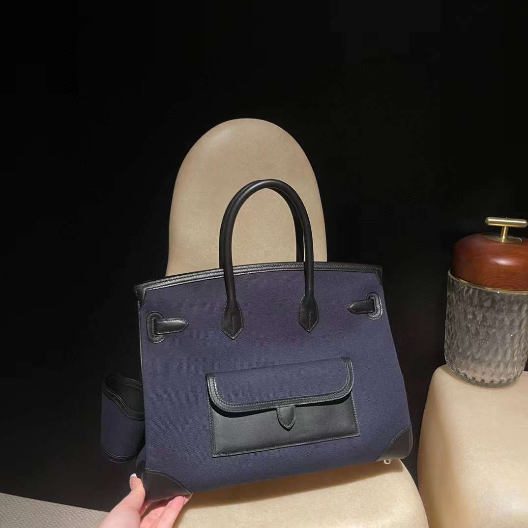 HERMES CARGO BIRKIN 35CM 帆布款 2Z 午夜藍 銀釦 鉑金包