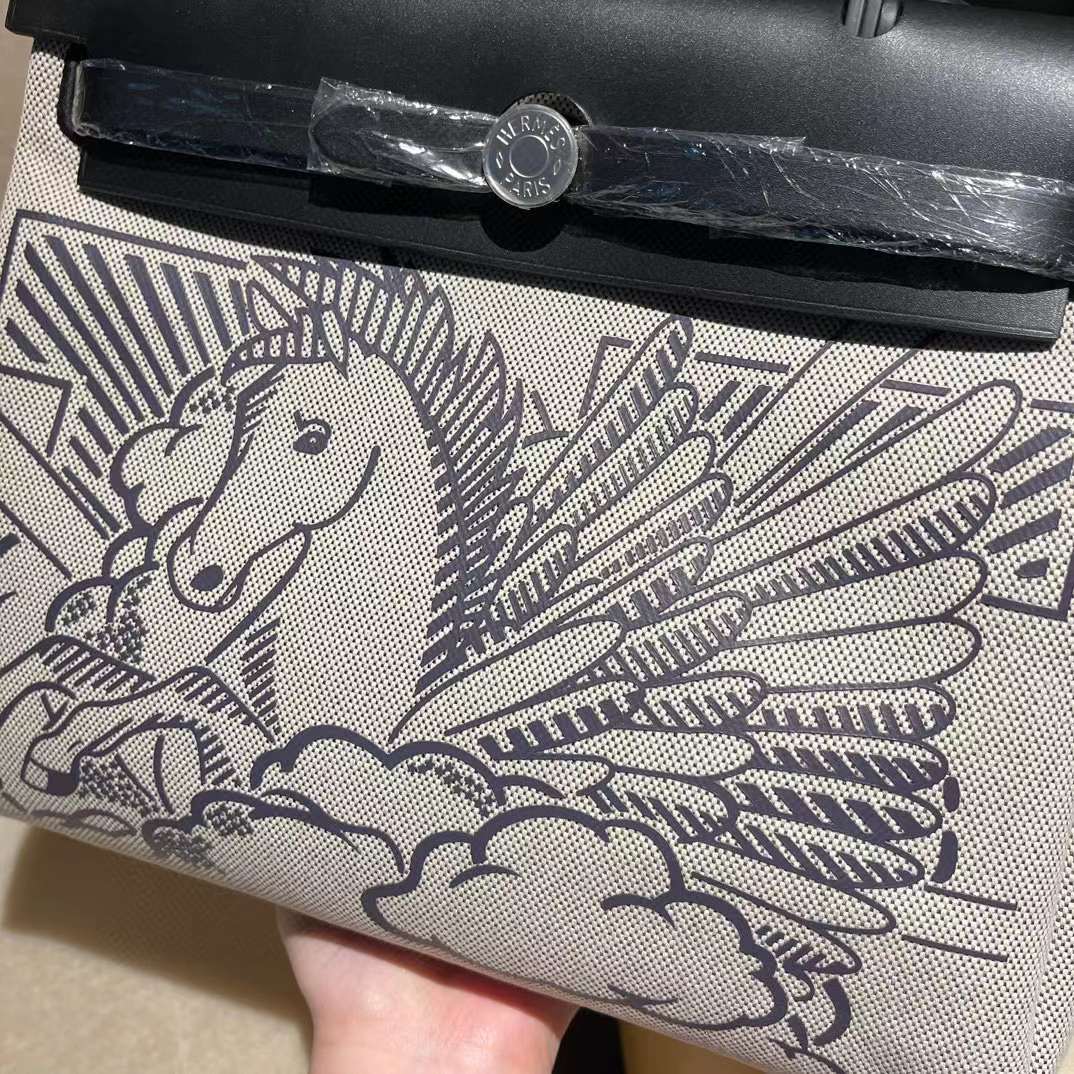 HERMES 31HERBAG 兩用手提肩背包 限量黑色飛馬浮雕款 銀扣