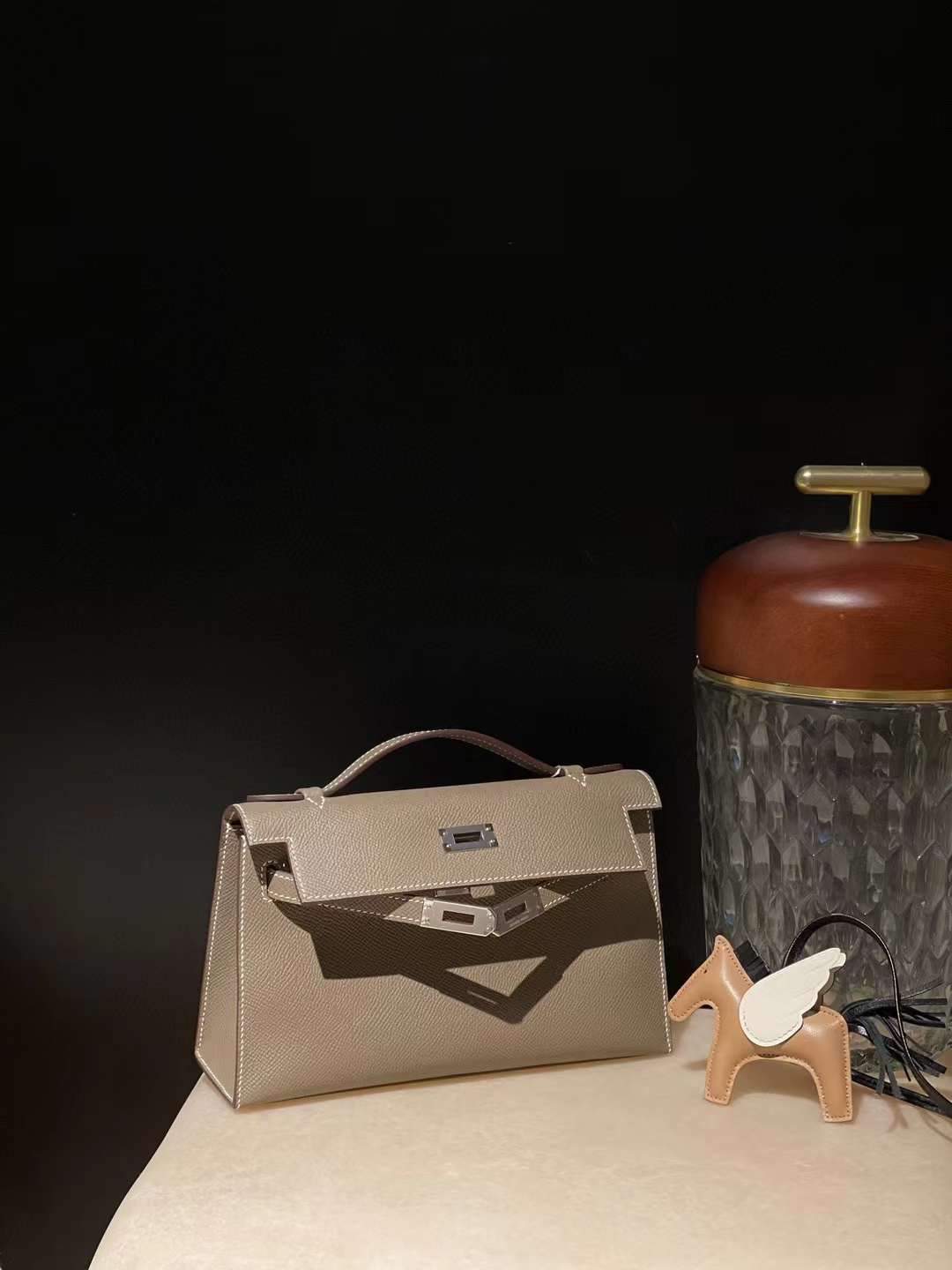 HERMES MINI KELLY POCHETT 一代手拿包 EPSOM皮 18 大象灰 銀扣