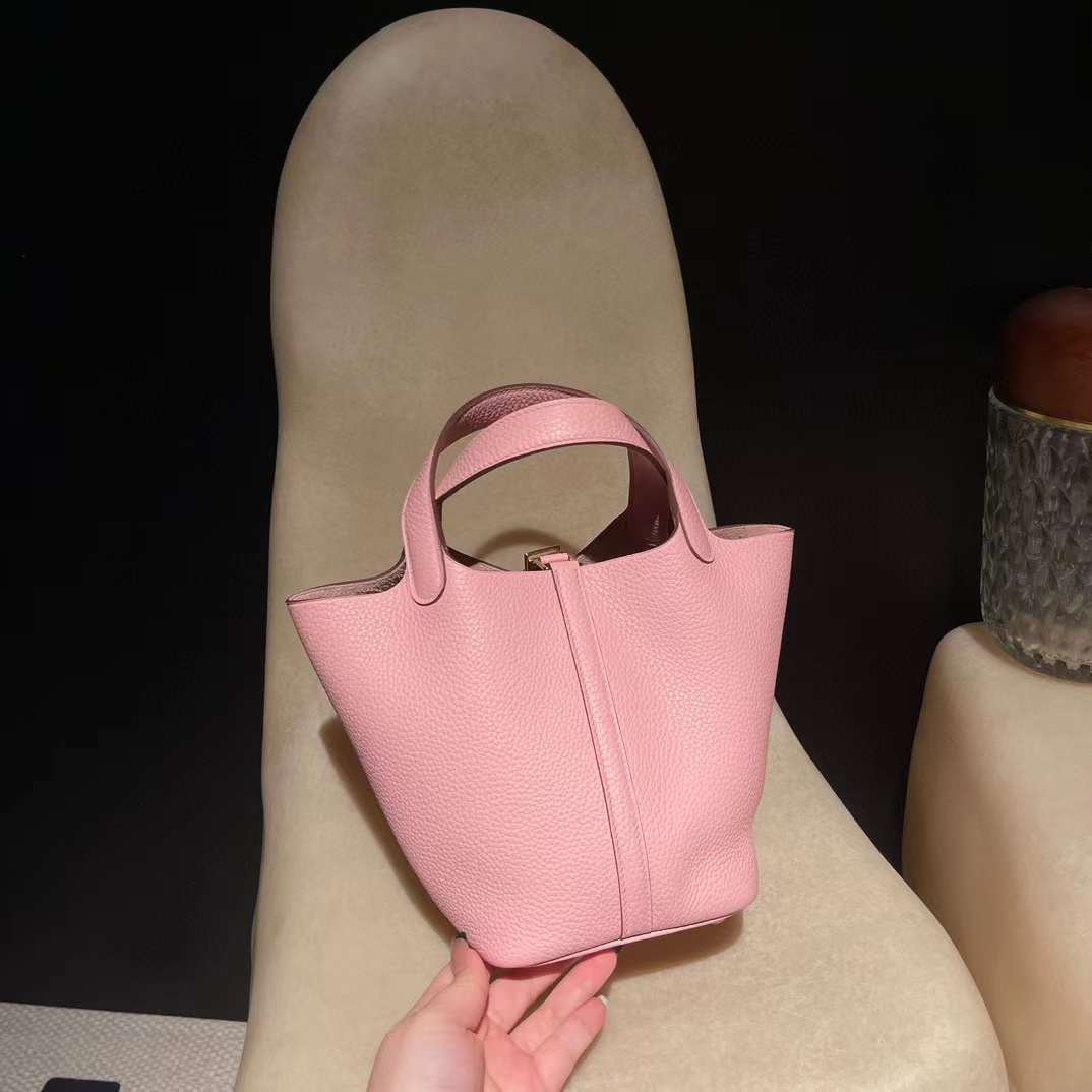 HERMES PICOTIN CLEMENCE皮 3Q 櫻花粉 金釦 菜籃子 18CM