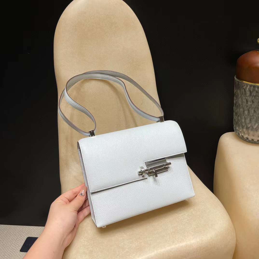 HERMES VERROU 23CM 山羊皮 T0霧霾藍色 銀扣