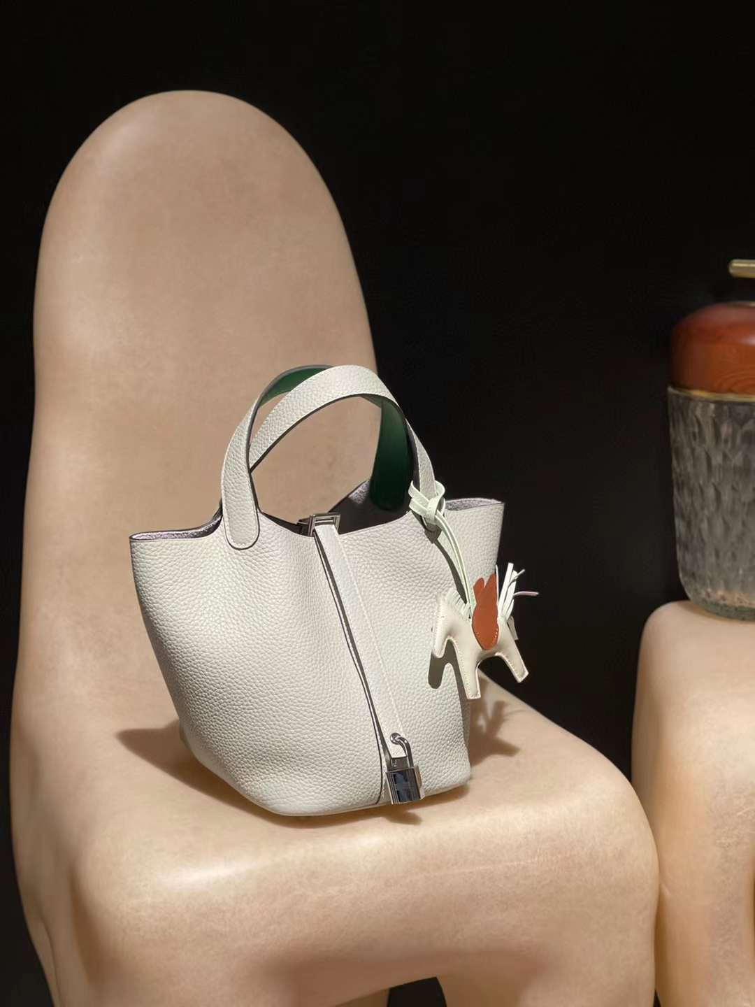 HERMES PICOTIN CLEMENCE皮 0W水晶灰拼0Z漫畫綠 銀扣 菜籃子 18/22cm