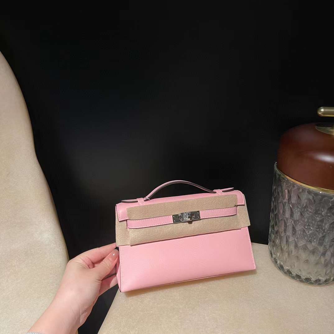 HERMES MINI KELLY POCHETT 一代手拿包 SWIFT皮 3Q 粉色 銀扣