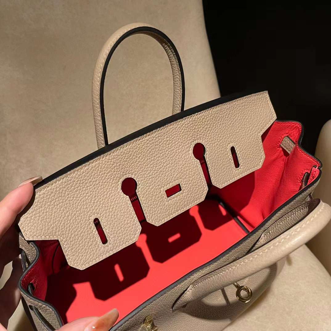 HERMES BIRKIN 25CM S2風衣灰內拼T5西瓜紅 金釦 TOGO皮 鉑金包
