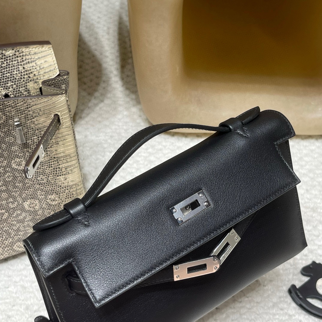 HERMES MINI KELLY POCHETT 一代手拿包 SWIFT皮 89 黑色 銀扣