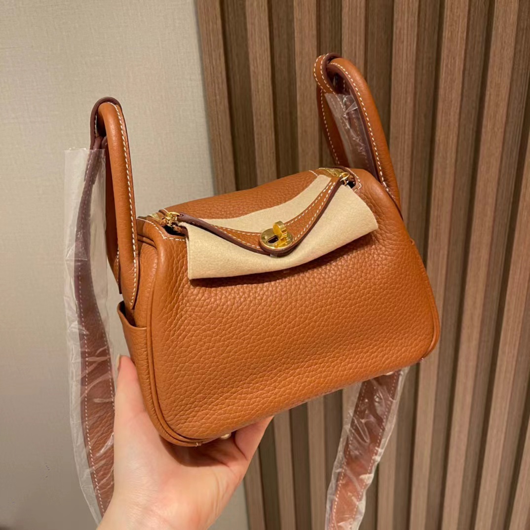 HERMES LINDY CLEMENCE皮 37 金棕色轉釦手提/肩背兩用包