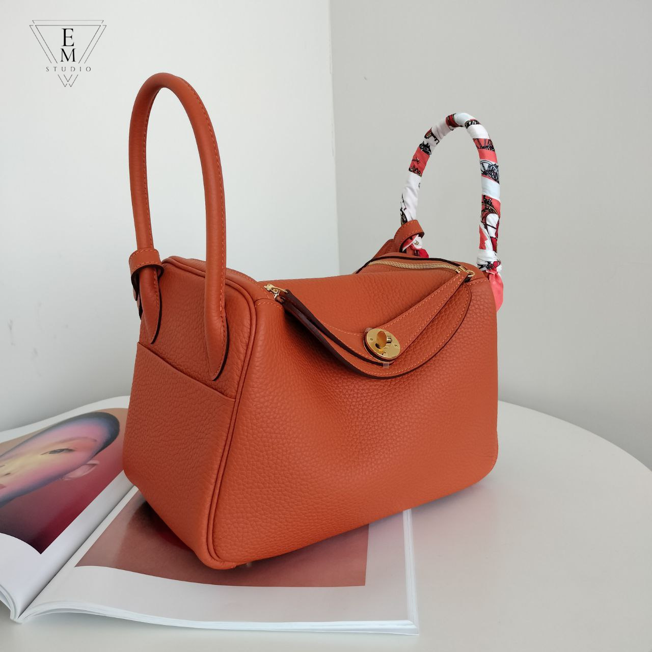 HERMES LINDY CLEMENCE皮 93愛馬橘轉釦手提/肩背兩用包