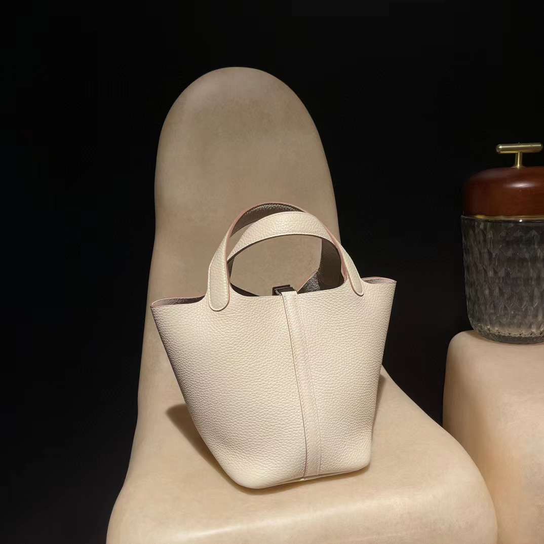 HERMES PICOTIN CLEMENCE皮 10 奶昔白 銀釦 菜籃子 18CM