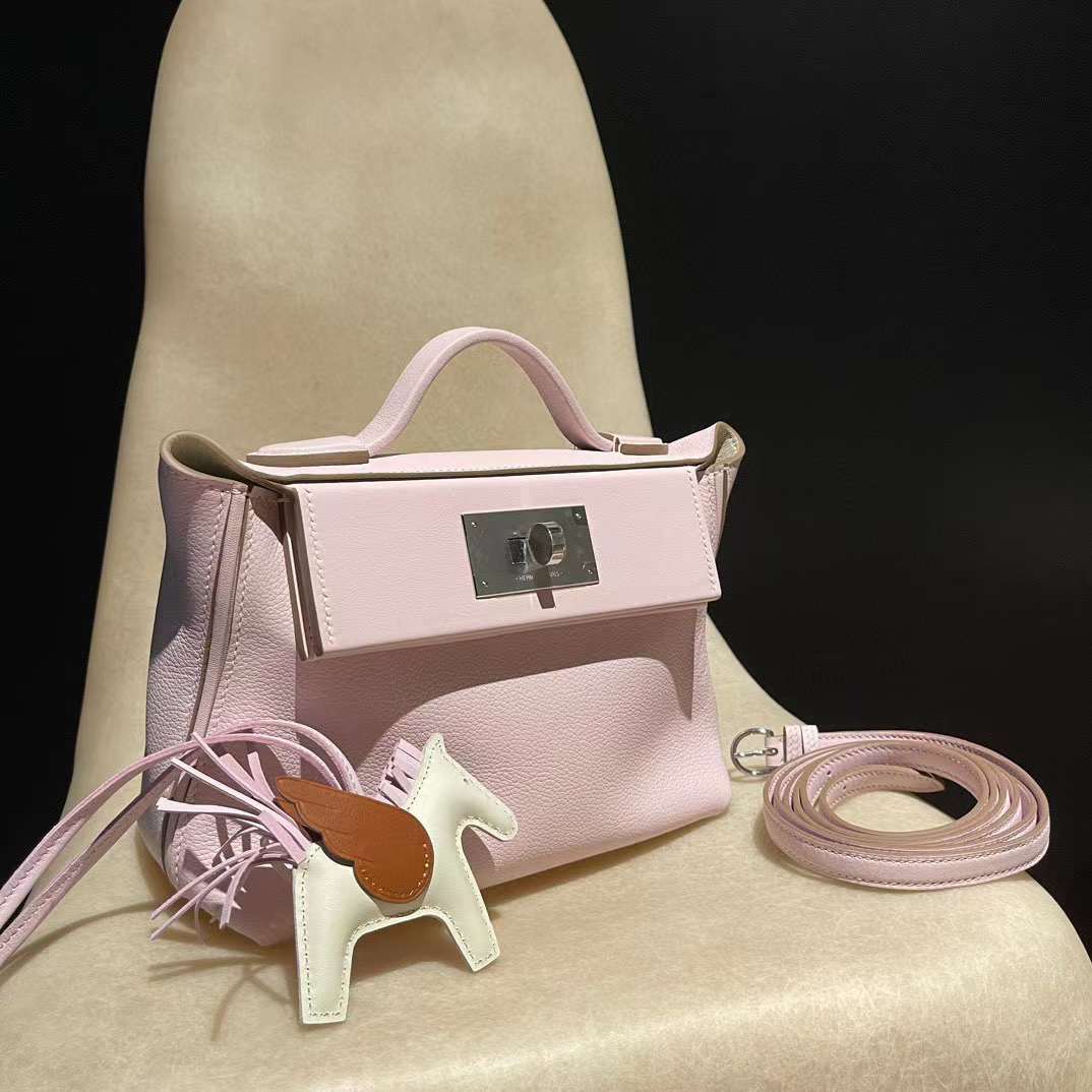 HERMES 2424 09夢幻粉紫內拼10奶昔白 銀扣 21/29