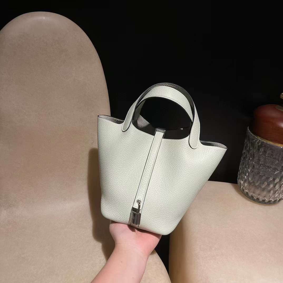 HERMES PICOTIN CLEMENCE皮0S氣泡綠 銀扣 菜籃子 18CM