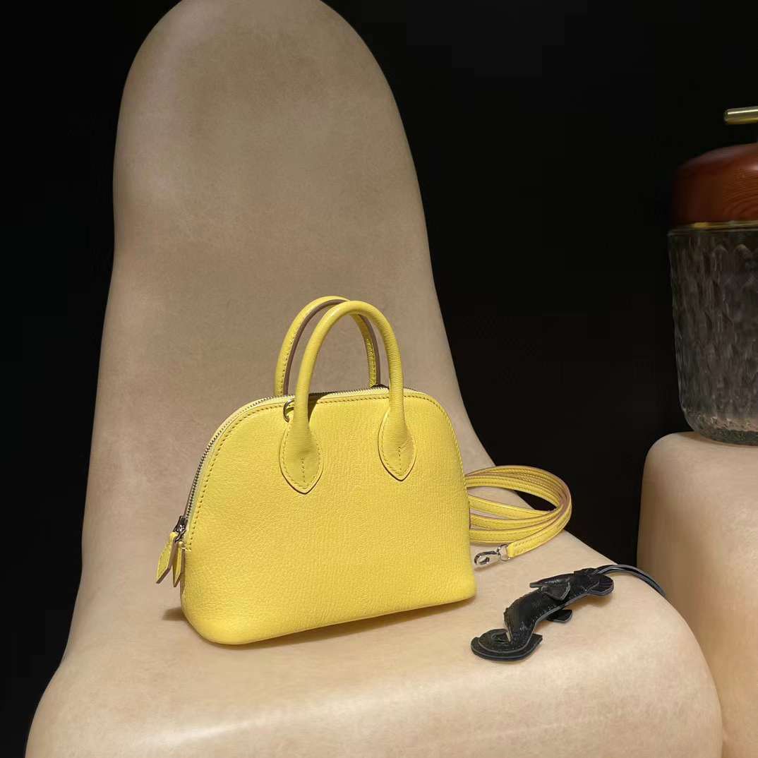 HERMES MINI BOLIDE 山羊皮 0Y檸檬酒黃銀扣 保齡球包