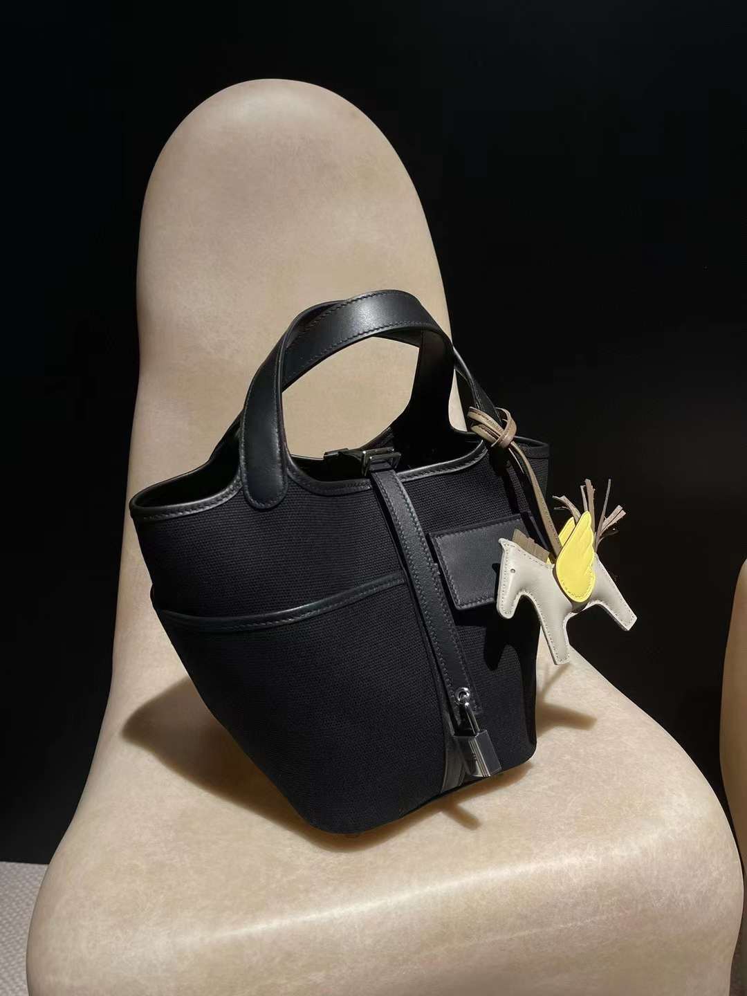 HERMES CARGO PICOTIN 89 黑色 帆布菜籃子