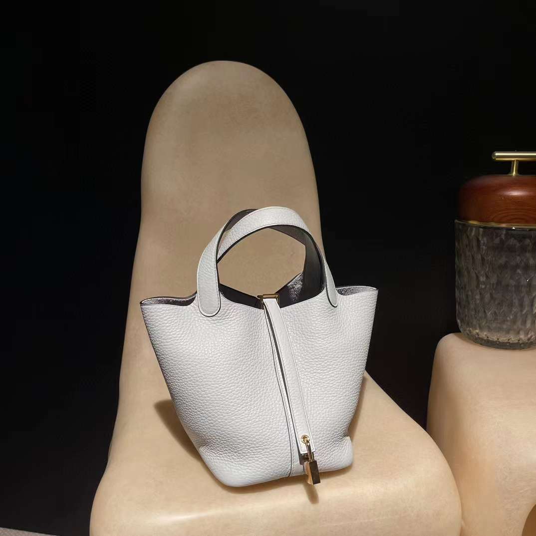 HERMES PICOTIN CLEMENCE皮 08 聖杯藍 金釦 菜籃子 18CM