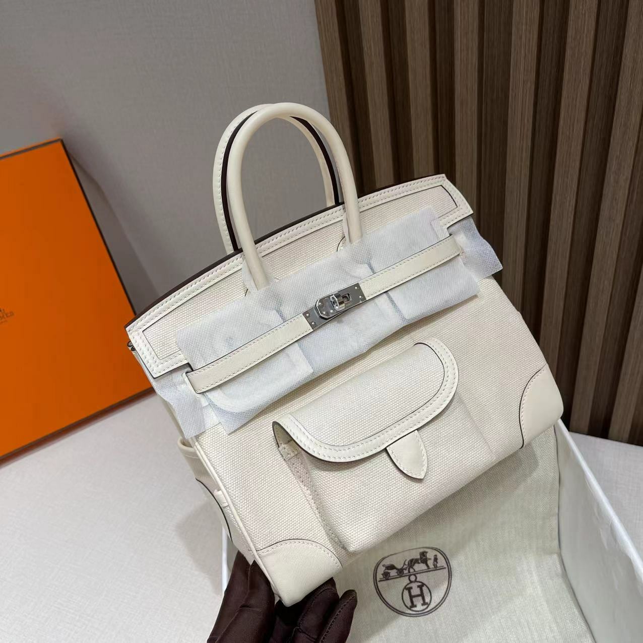 HERMES BIRKIN CARGO 25CM 帆布拼SWIFT 奶昔白銀扣 鉑金包