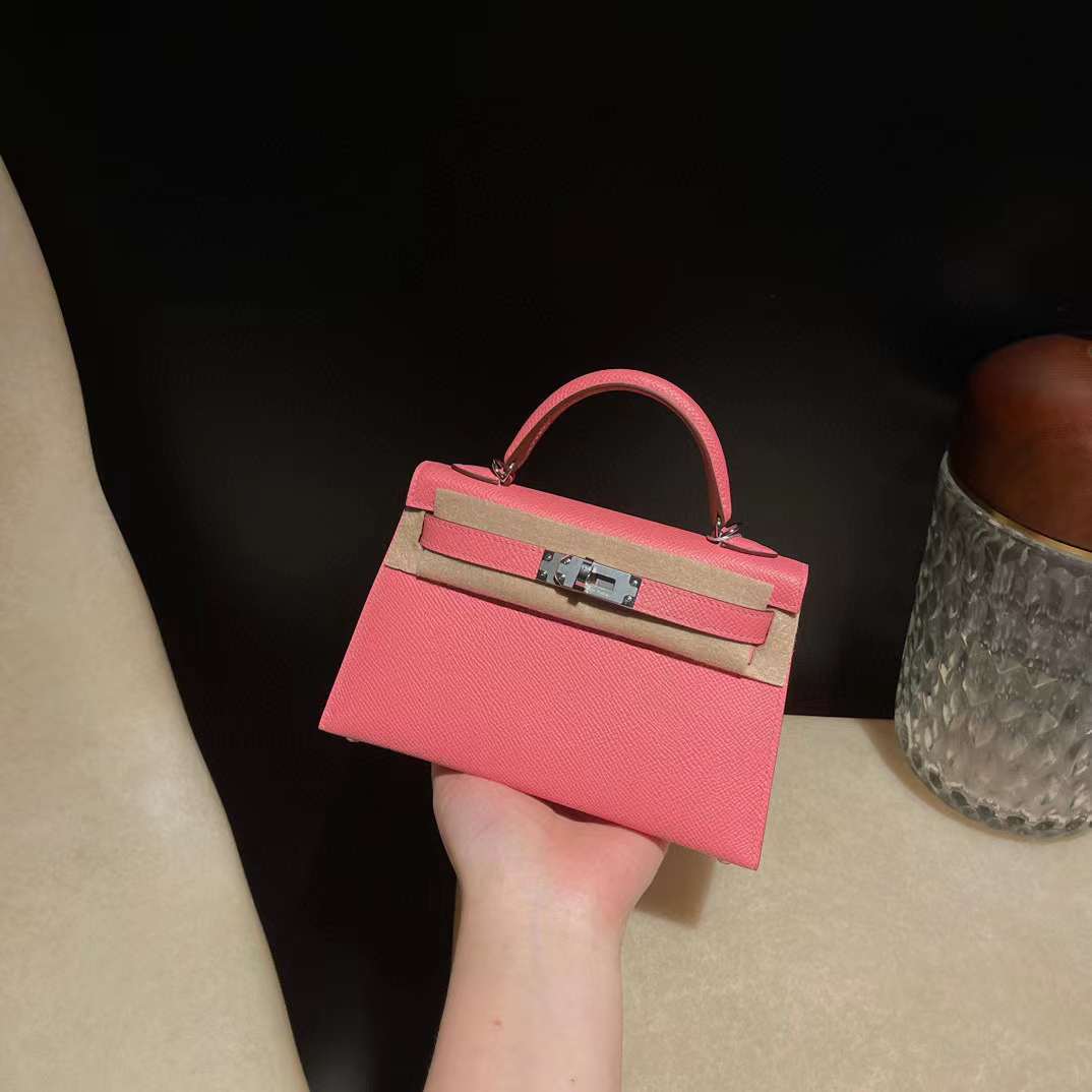 HERMES MINI KELLY 二代EPSOM皮 1Q奶昔粉 銀釦