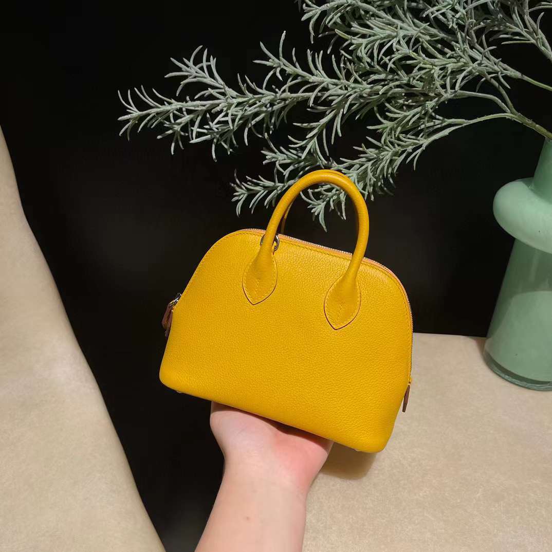 HERMES MINI BOLIDE EVERCOLOR皮 9D琥珀黃銀扣 保齡球包