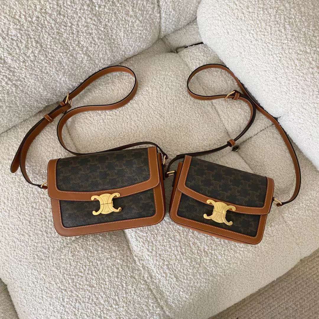 CELINE 帆布及小牛皮CLASSIQUE TRIOMPHE 老花棕 小/中