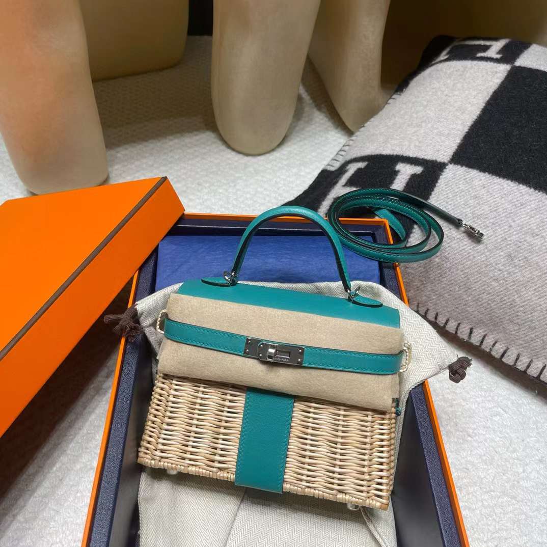 HERMES KELLY PICNIC SWIFT皮 藤條野餐包 U1維羅納綠 銀扣