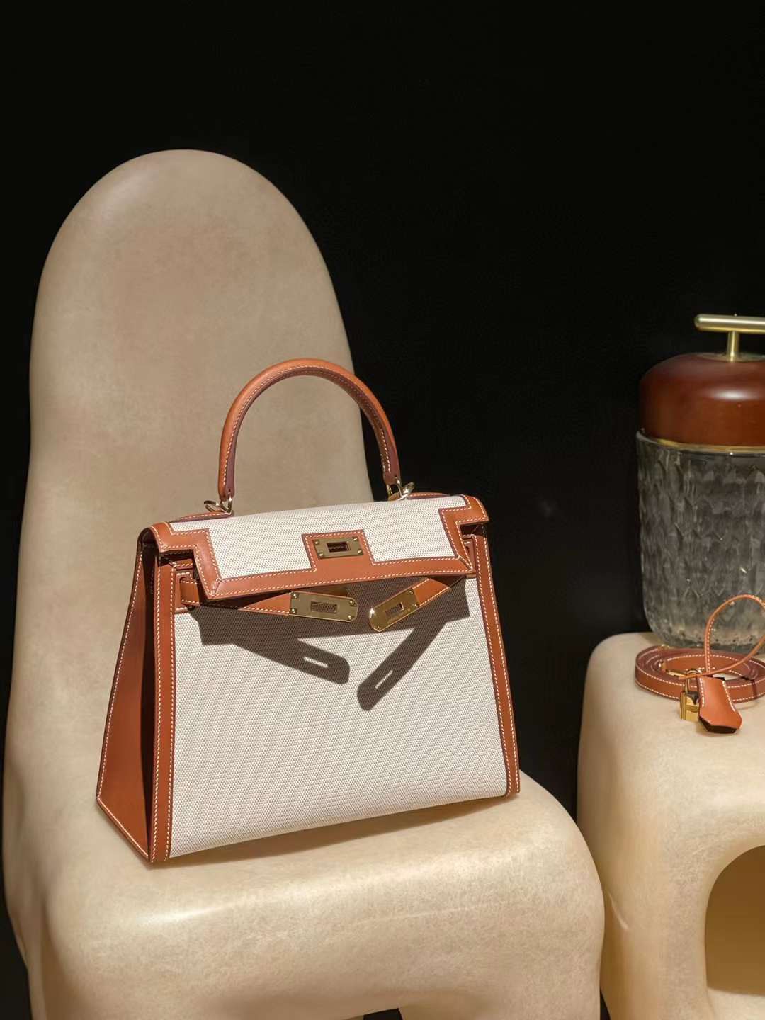 HERMES KELLY SWIFT皮37金棕色拼帆布 金釦 25/28
