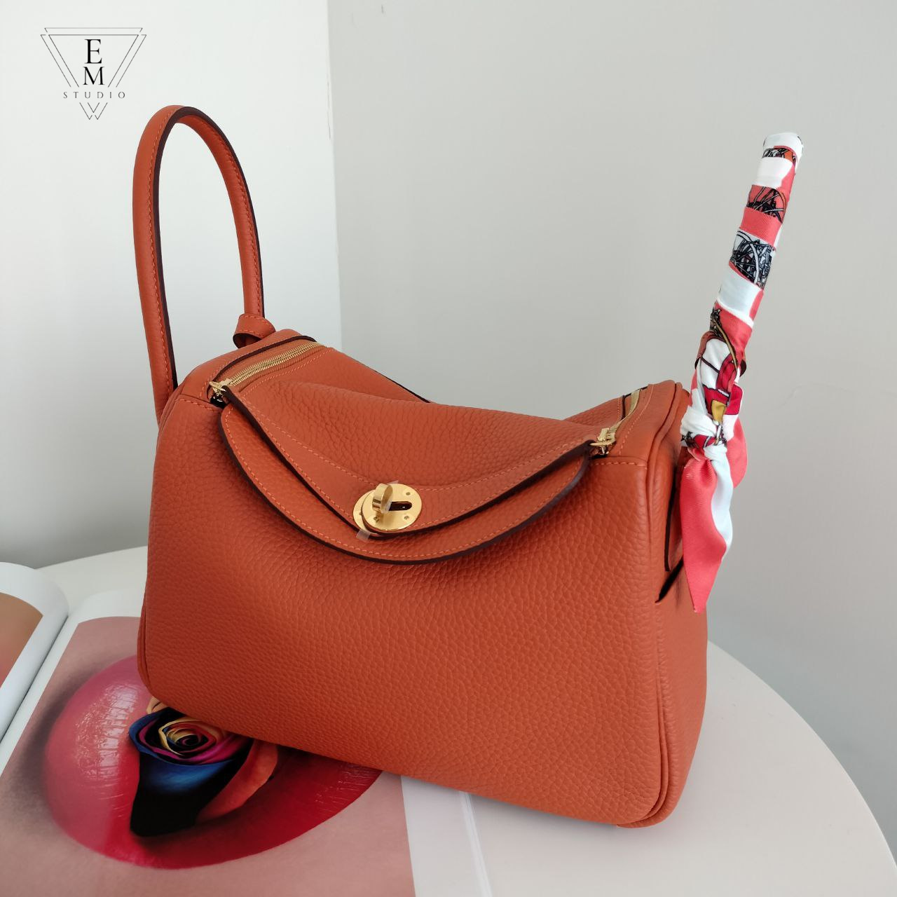 HERMES LINDY CLEMENCE皮 93愛馬橘轉釦手提/肩背兩用包