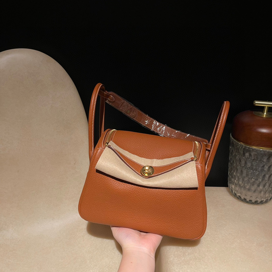 HERMES LINDY CLEMENCE皮 37 金棕金扣轉釦手提/肩背兩用包 26CM