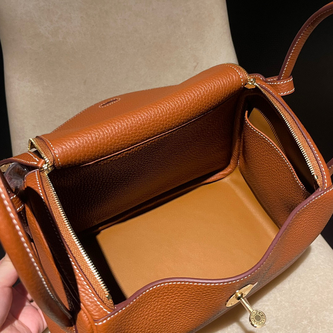 HERMES LINDY CLEMENCE皮 37 金棕金扣轉釦手提/肩背兩用包 26CM