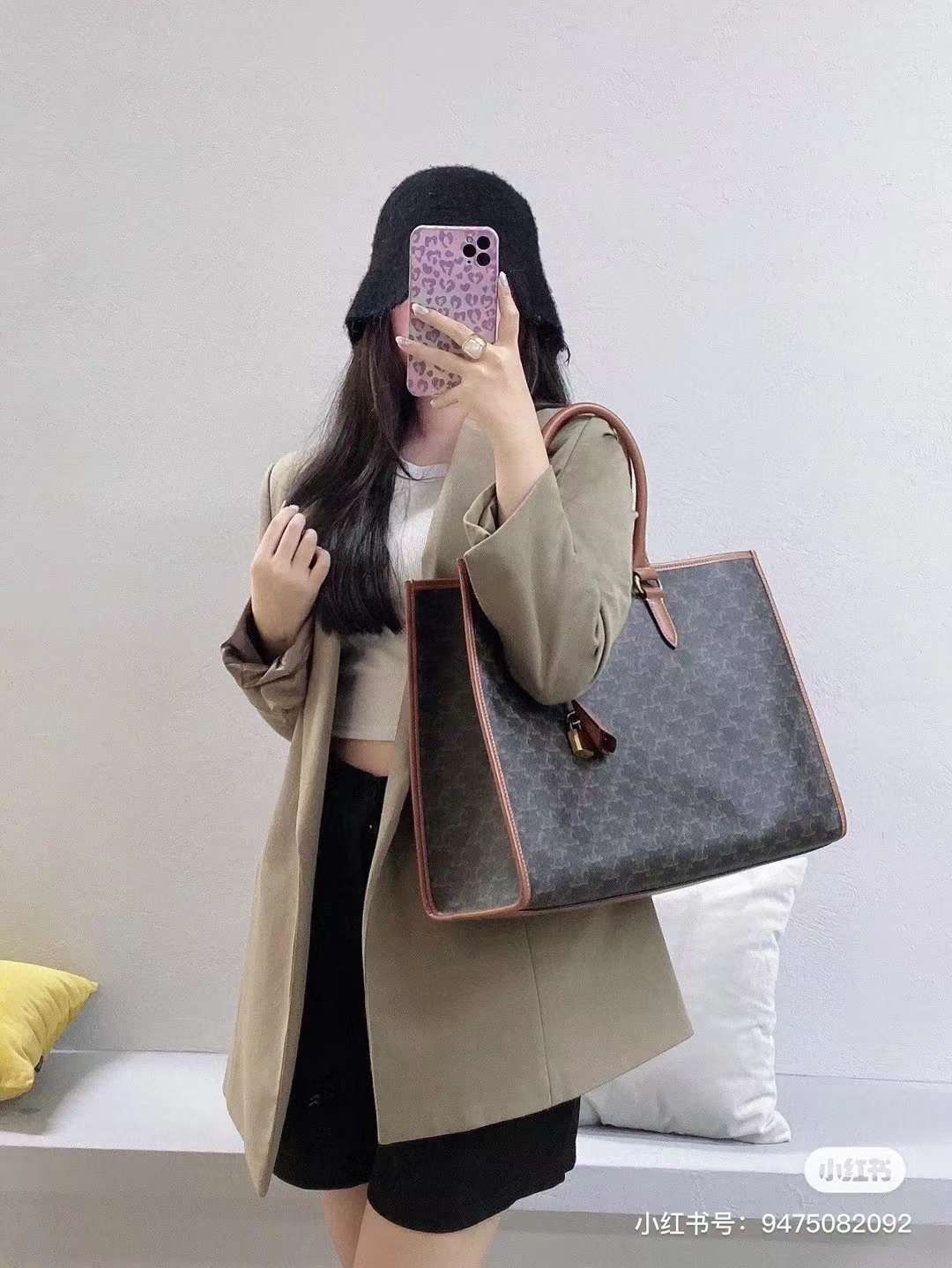 CELINE TRIOMPHE CANVAS 老花牛皮革托特包