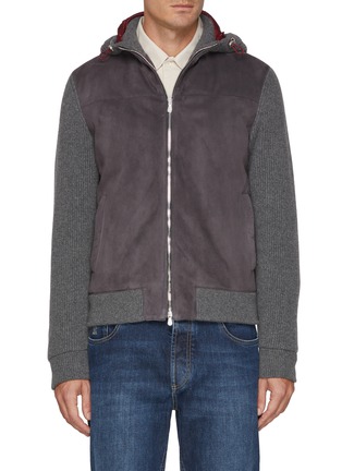 Padded Cashmere Knit Sleeve Leather Jacket