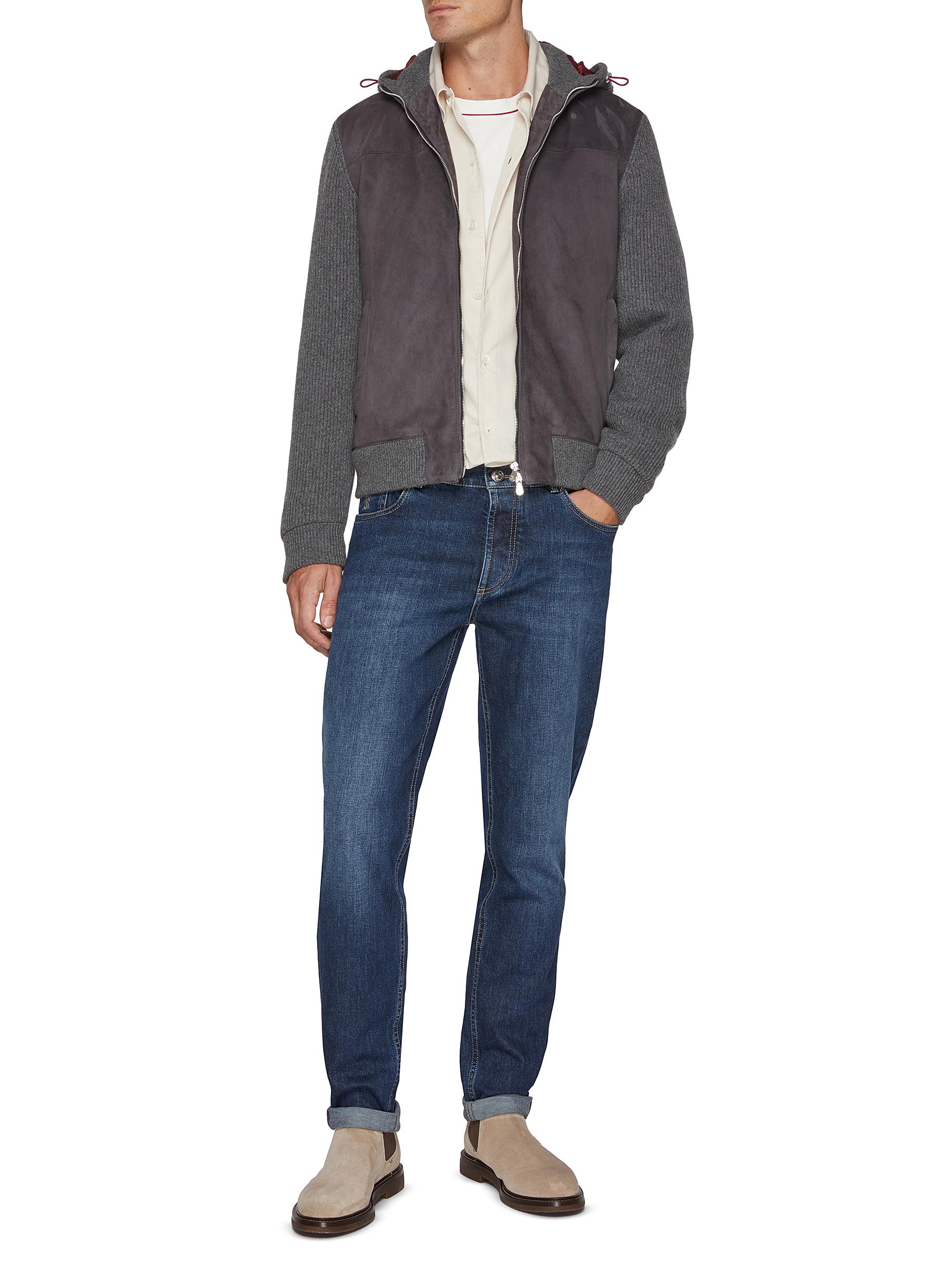 Padded Cashmere Knit Sleeve Leather Jacket