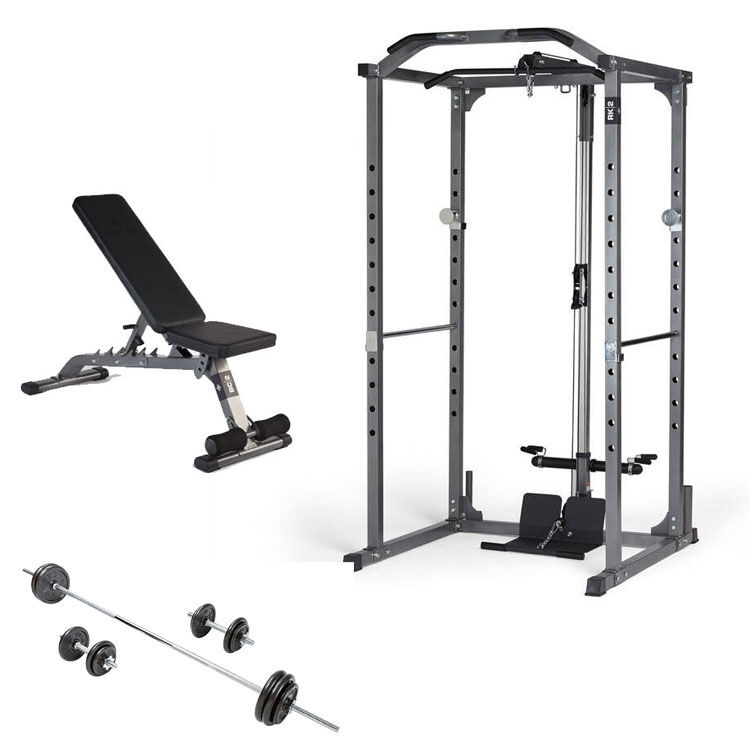 Celsius Bench, Full Rack, Lat Attachment and Weight Set