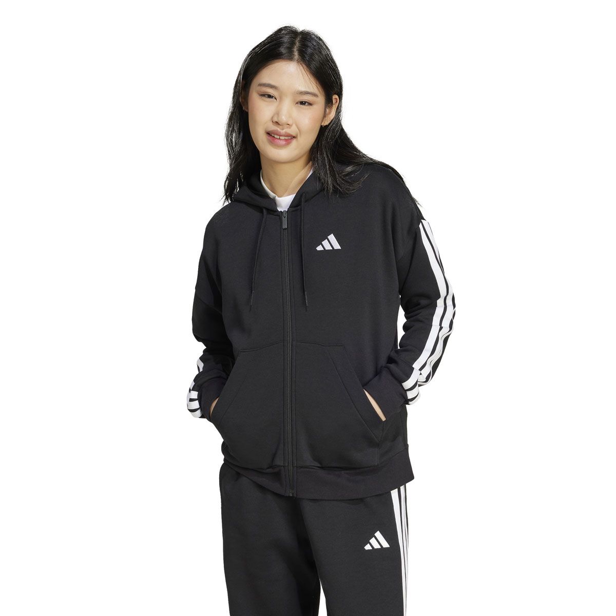 adidas Womens Essentials Fleece 3-Stripes Full Zip Hoodie