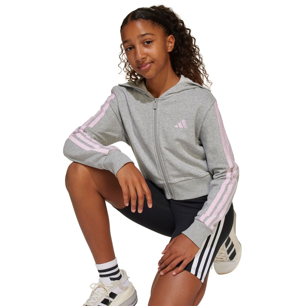 adidas Junior Essentials 3-Stripes Full Zip Crop Hoodie