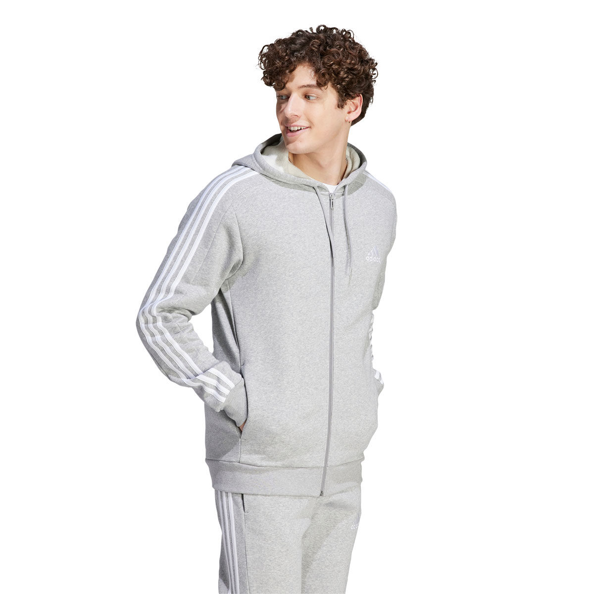 adidas Mens Essentials 3-Stripes Full Zip Fleece Hoodie