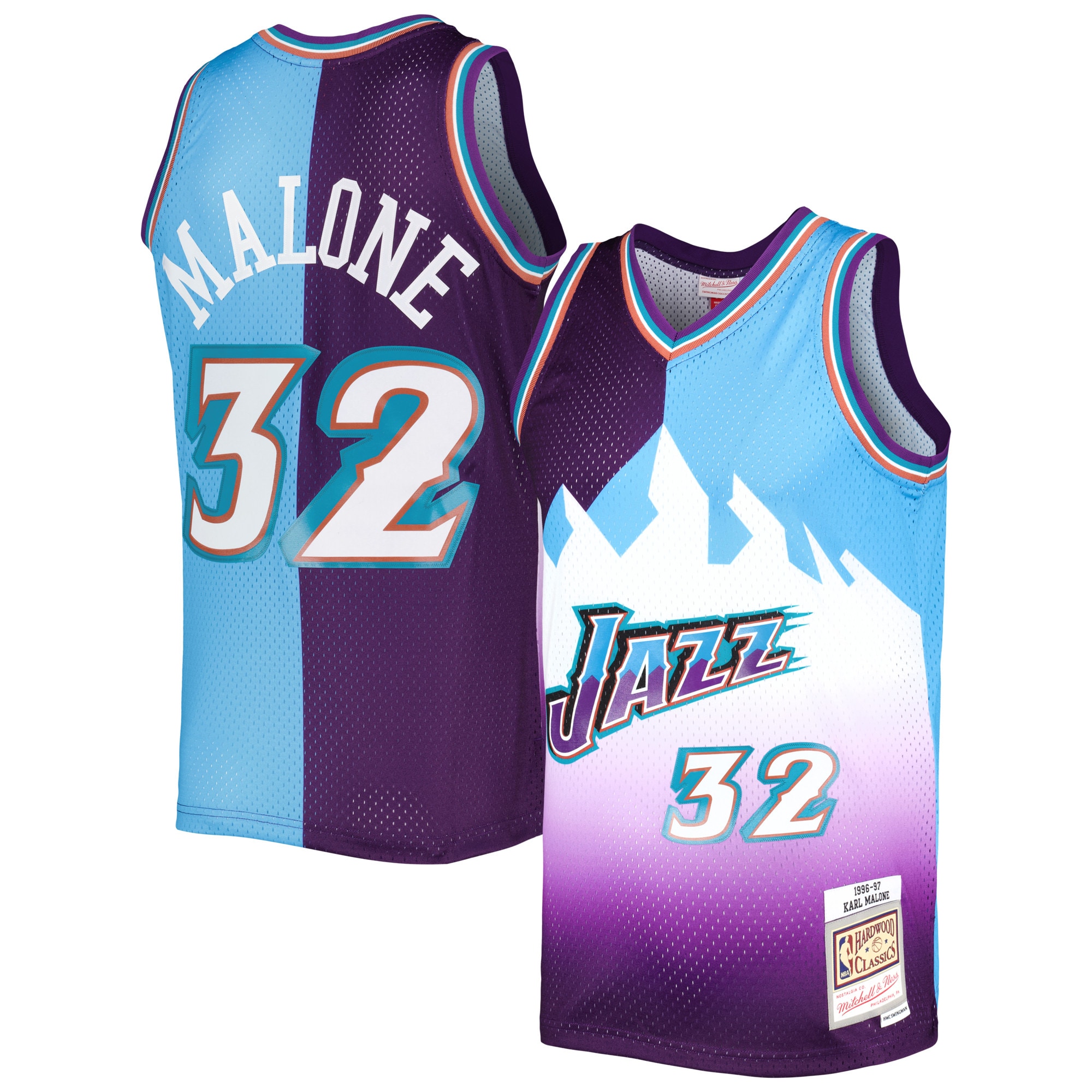 Mitchell Ness Karl Malone Purple/Turquoise Utah Jazz Hardwood Classics 1996/97 Split Swingman NBA Jersey Men's