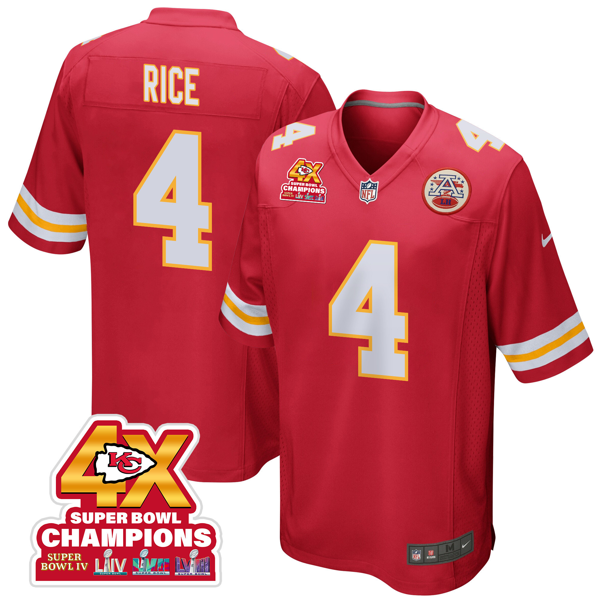 Rashee Rice 4 Kansas City Chiefs Super Bowl LVIII Champions 4X Game Red NFL Jersey Men's