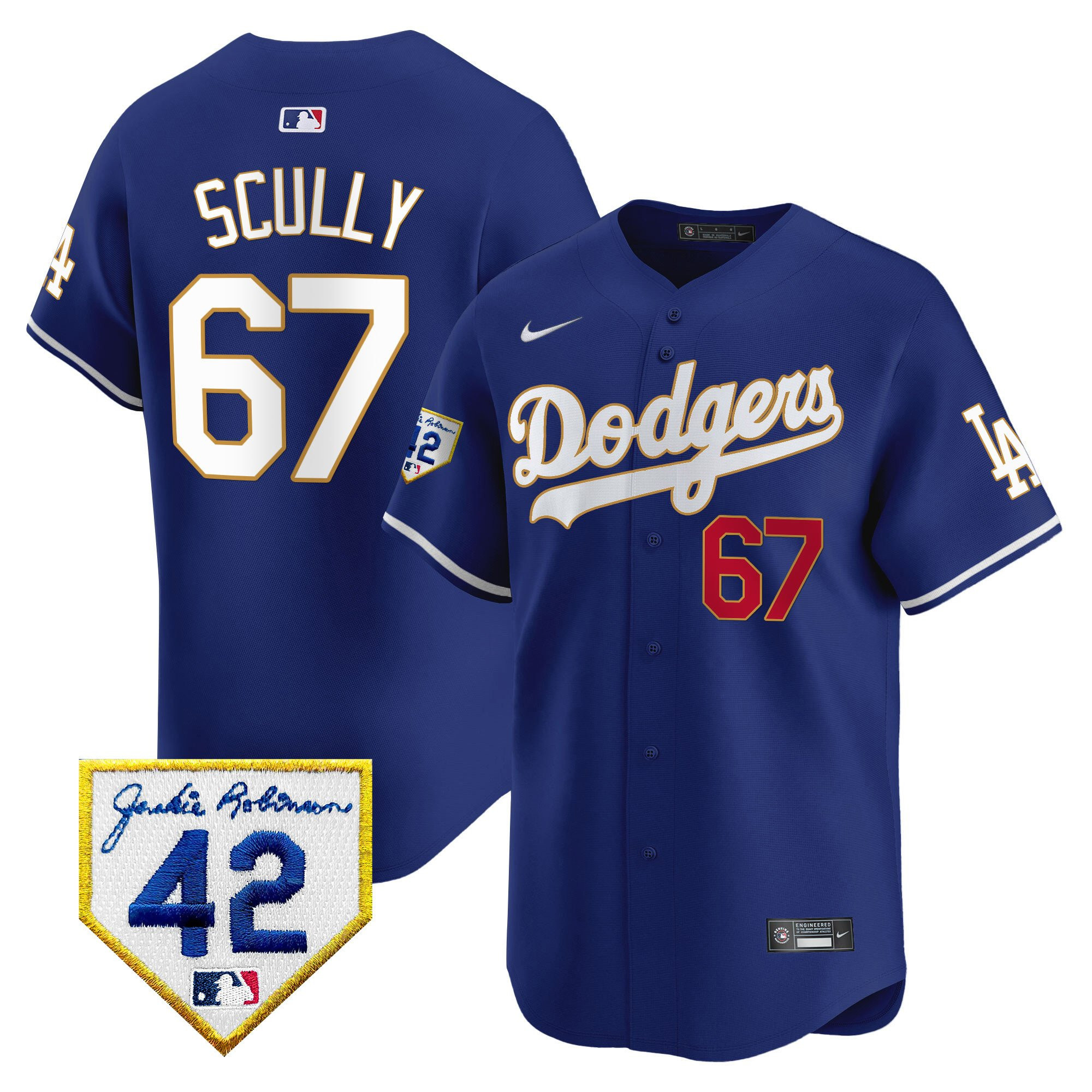 Vin Scully 67 Los Angeles Dodgers 2024 Jackie Robinson Patch Royal MLB Jersey Men's