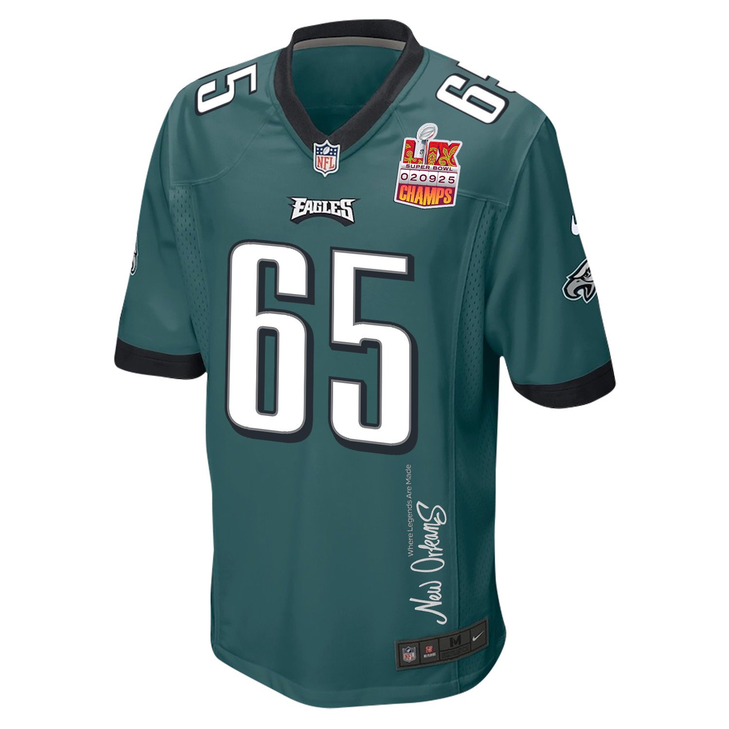 Lane Johnson 65 Philadelphia Eagles Super Bowl LIX Champions Patch New Orleans Where Legends Are Made' EMBROIDERED Game Midnight Green NFL Jersey Men's
